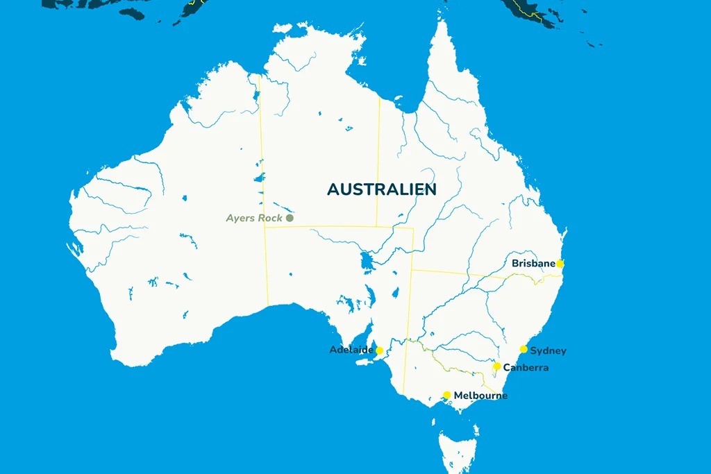 Landkarte von Australien mit den wichtigsten Städten, Regionen und der Hauptstadt Canberra.
