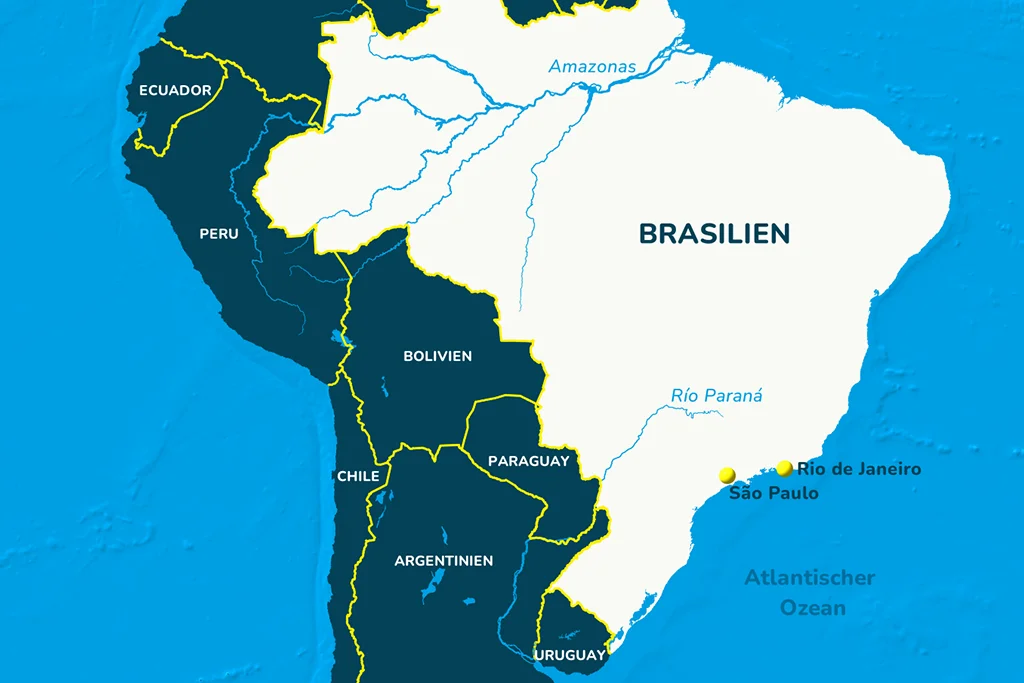 Die Landkarte Brasiliens mit den Städten Rio de Janeiro und São Paulo