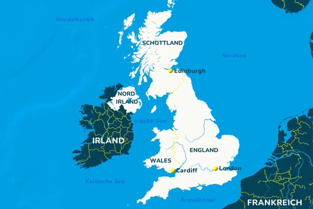 Landkarte von Großbritannien mit den drei Hauptstädten London, Edinburgh und Cardiff