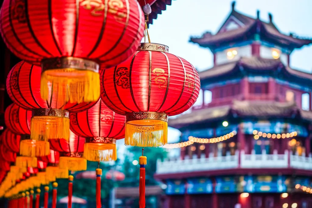 Chinesische Lampions an einer traditonellen Tempelanlage