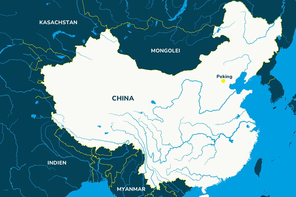 Landkarte von China mit der Hauptstadt Peking und den Nachbarländern