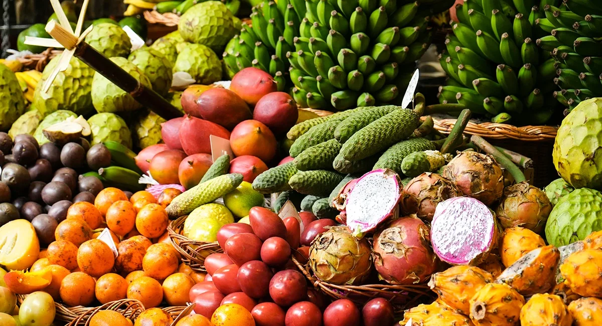 Verschiedene tropische Früchte wie Mango, Papaya und Ananas aus Costa Rica liegen bunt arrangiert zusammen.