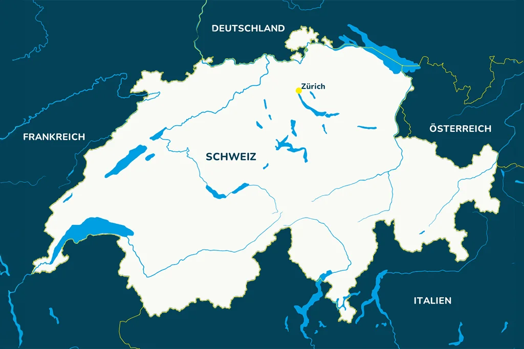 Die Landkarte von der Schweiz mit der Hauptstadt Zürich und den Nachbarländern.