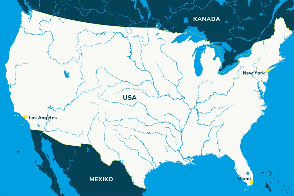 Die Landkarte von den USA mit den Städten Los Angeles, Miami und New York.
