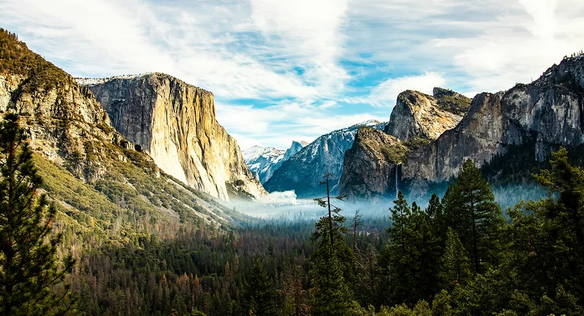 Ein Tal im Yosemite-Nationalpark in den USA, geprägt von imposanten Felswänden und dichtem Nadelwald.