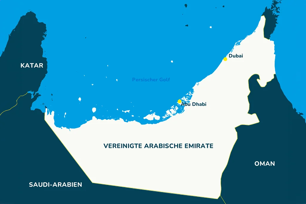 Die Landkarte der Vereinigten Arabischen Emirate mit der Hauptstadt Abu Dhabi und Dubai.