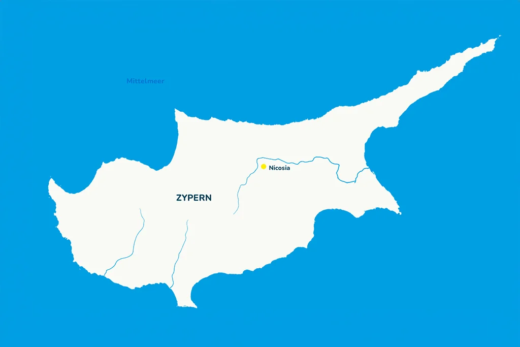 Die Landkarte von Zypern mit der Hauptstadt Nicosia