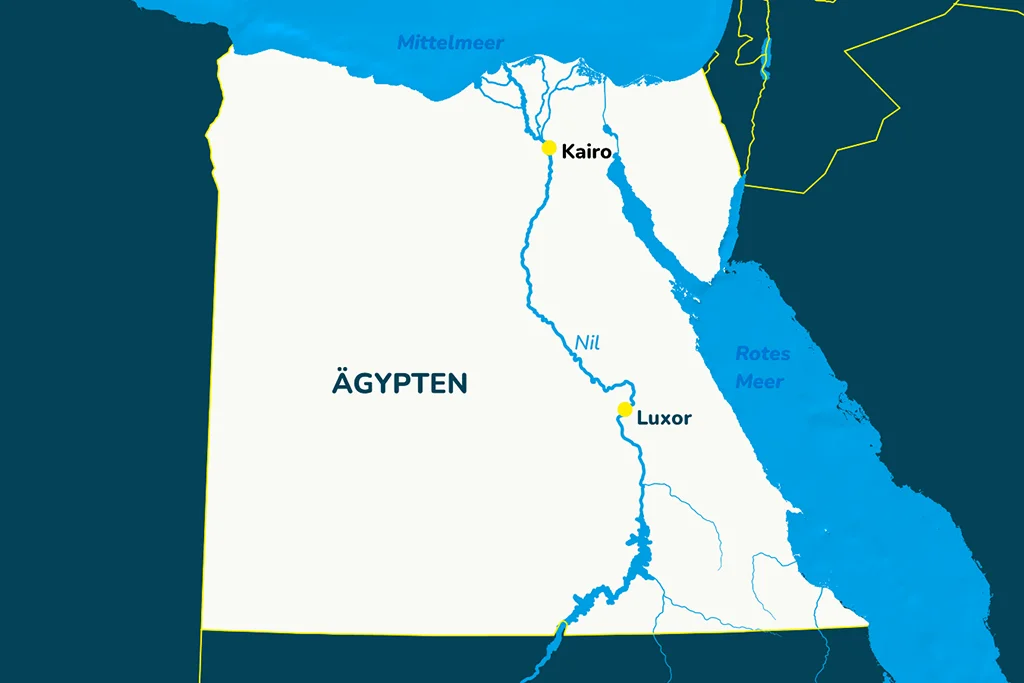 Die Landkarte Ägyptens mit der Hauptstadt Kairo und der Stadt Luxor