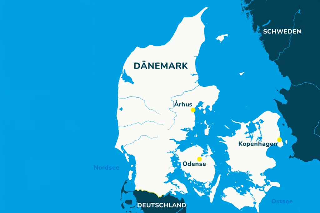 Die Landkarte von Dänemark mit den bekannten Städten.