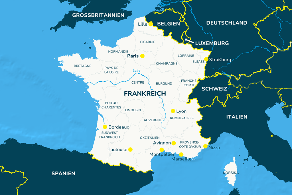 Die Landkarte von Frankreich mit den einzelnen Regionen und der Hauptstadt Paris
