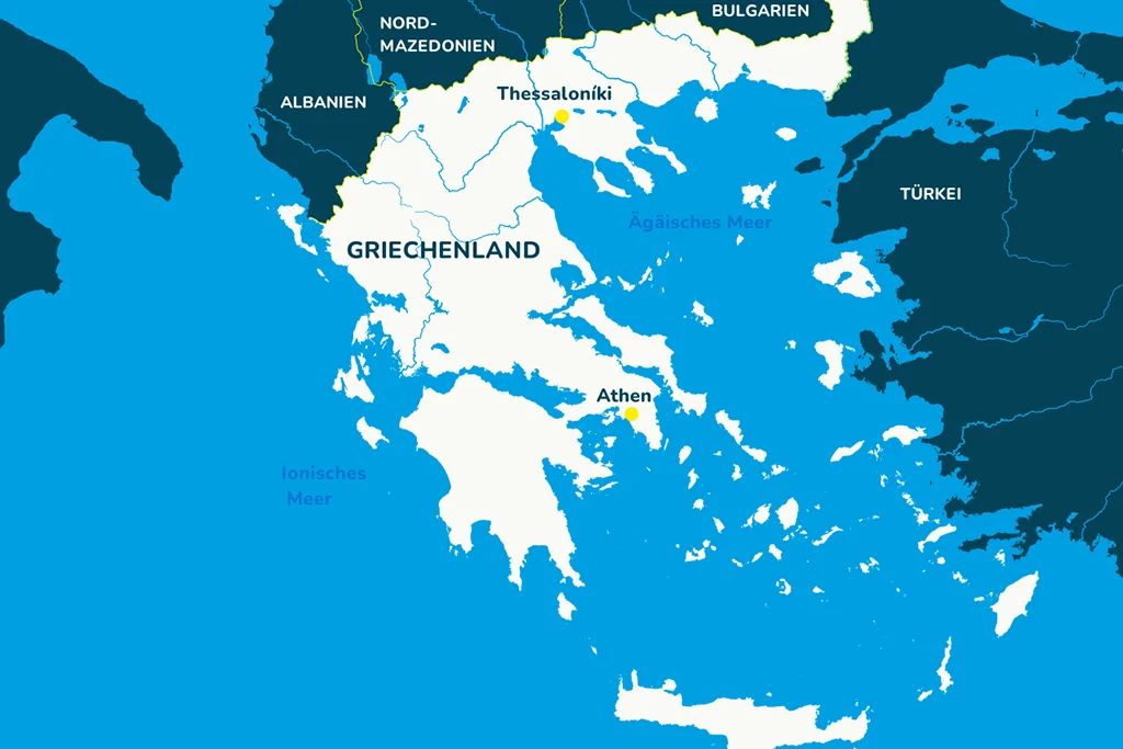Die Landkarte von Griechenland mit der Hauptstadt Athen und der Stadt Thessaloniki