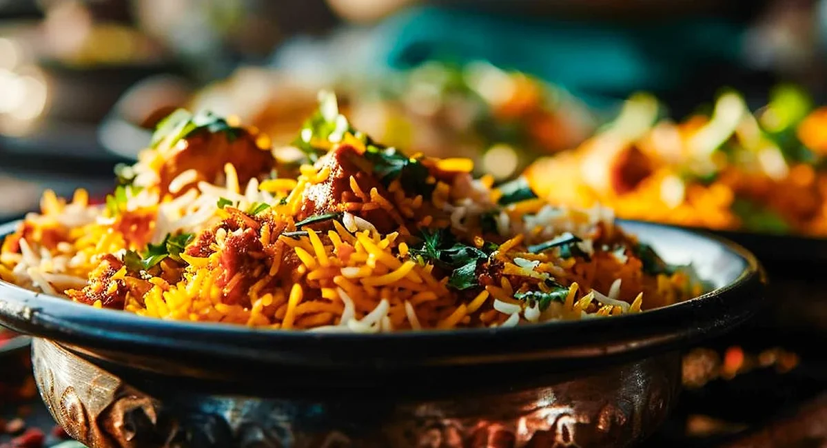 Ein traditionelles indisches Reisgericht mit Curry.
