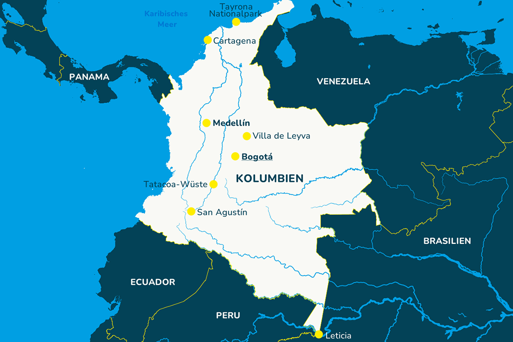 Die Landkarte von Kolumbien mit den bekannten Städten und den Nachbarländern.