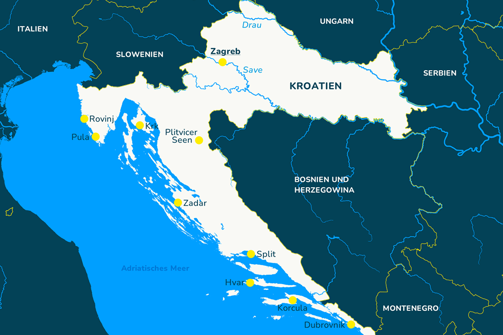 Die Landkarte von Kroatien mit den bekannten Städten und Nachbarländern.
