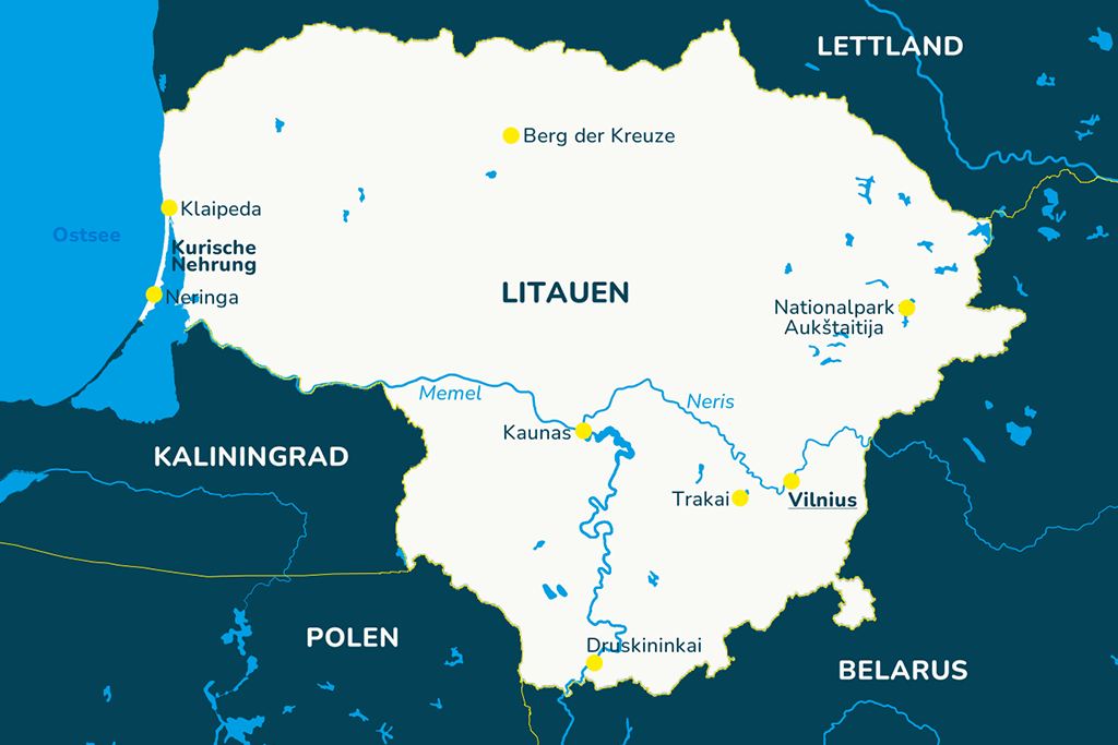 Die Landkarte von Litauen mit bekannten Städten und den Nachbarländern.