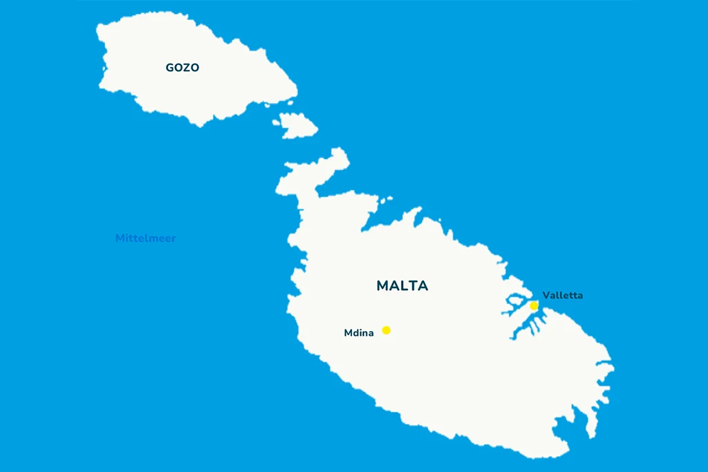 Die Landkarte von Malta mit bekannten Städten und Gozo.