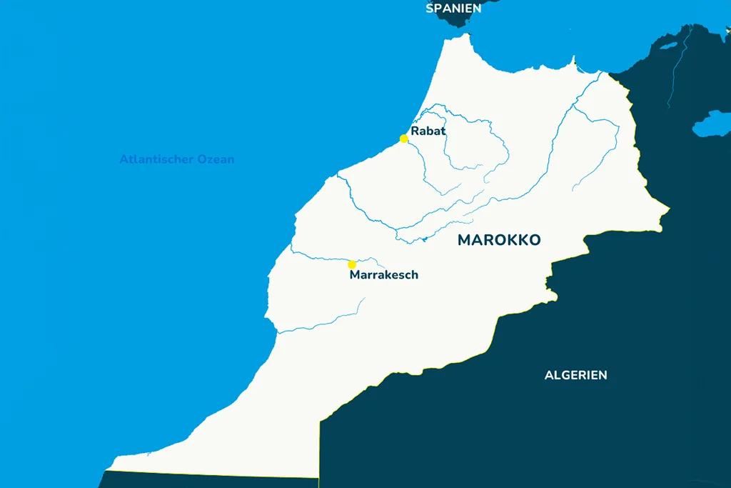 Die Landkarte von Marokko mit bekannten Städten und den Nachbarländern.