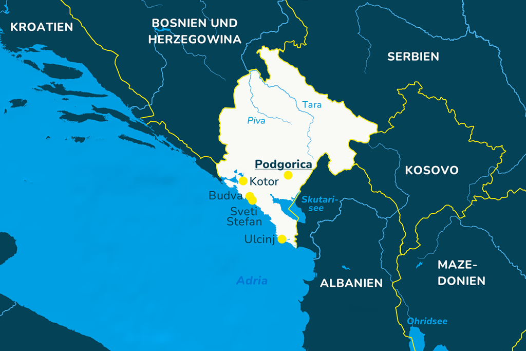 Die Landkarte von Montenegro mit den bekannten Städten und Nachbarländern.
