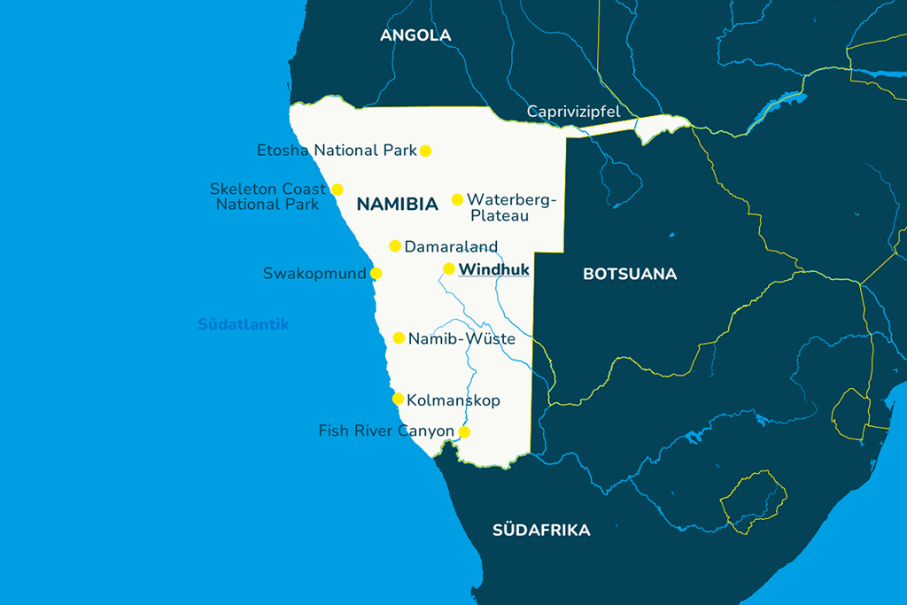 Die Landkarte von Namibia mit vielen bekannten Städten und den Nachbarländern.