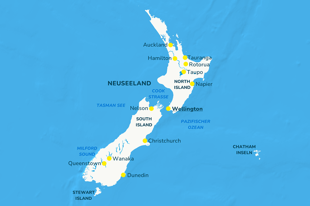 Die Landkarte von Neuseeland mit vielen bekannten Städten.