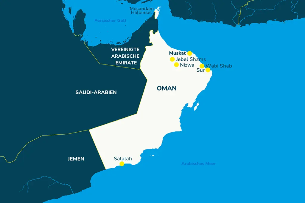 Die Landkarte vom Oman mit bekannten Städten und den Nachbarländern.