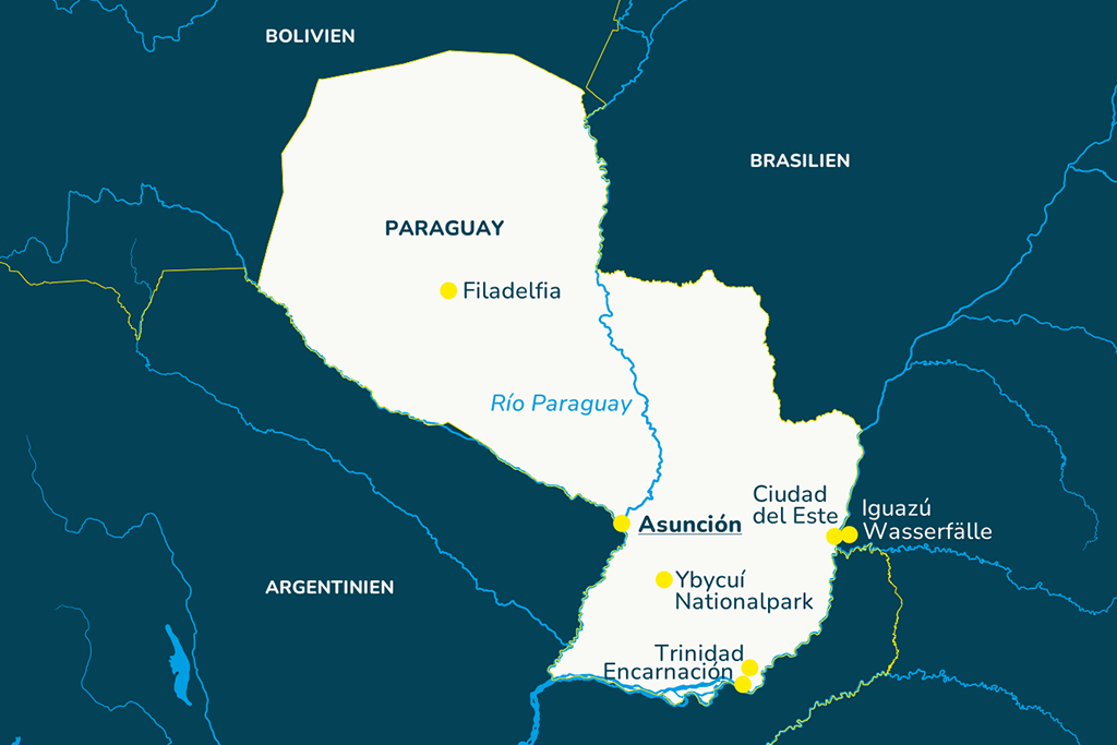 Die Landkarte von Paraguay mit den bekannten Städten und Nachbarländern.
