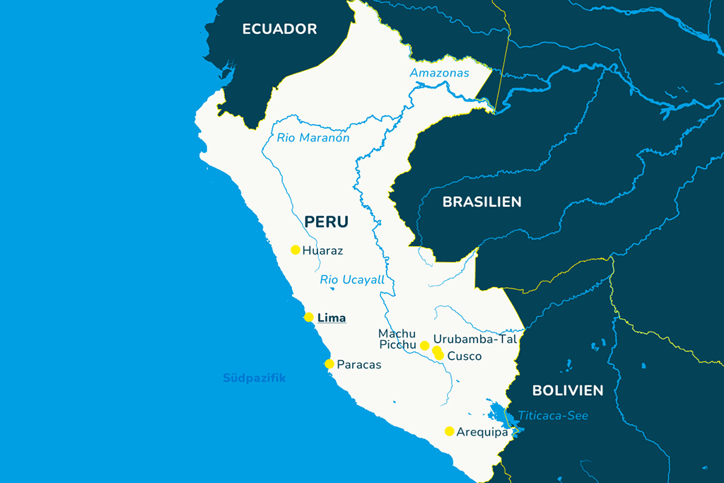 Die Landkarte von Peru mit den bekannten Städten und Nachbarländern.