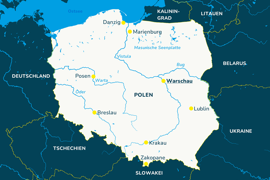 Die Landkarte von Polen mit den bekannten Städten und den Nachbarländern.