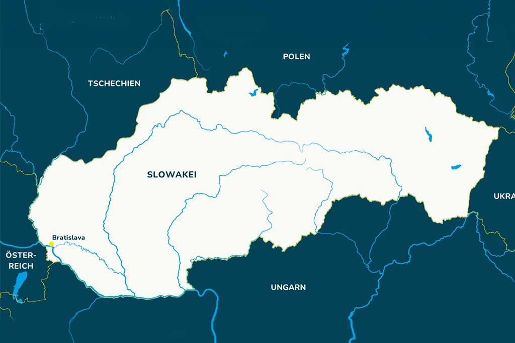 Die Landkarte der Slowakei mit der Hauptstadt Bratislava und den Nachbarländern.