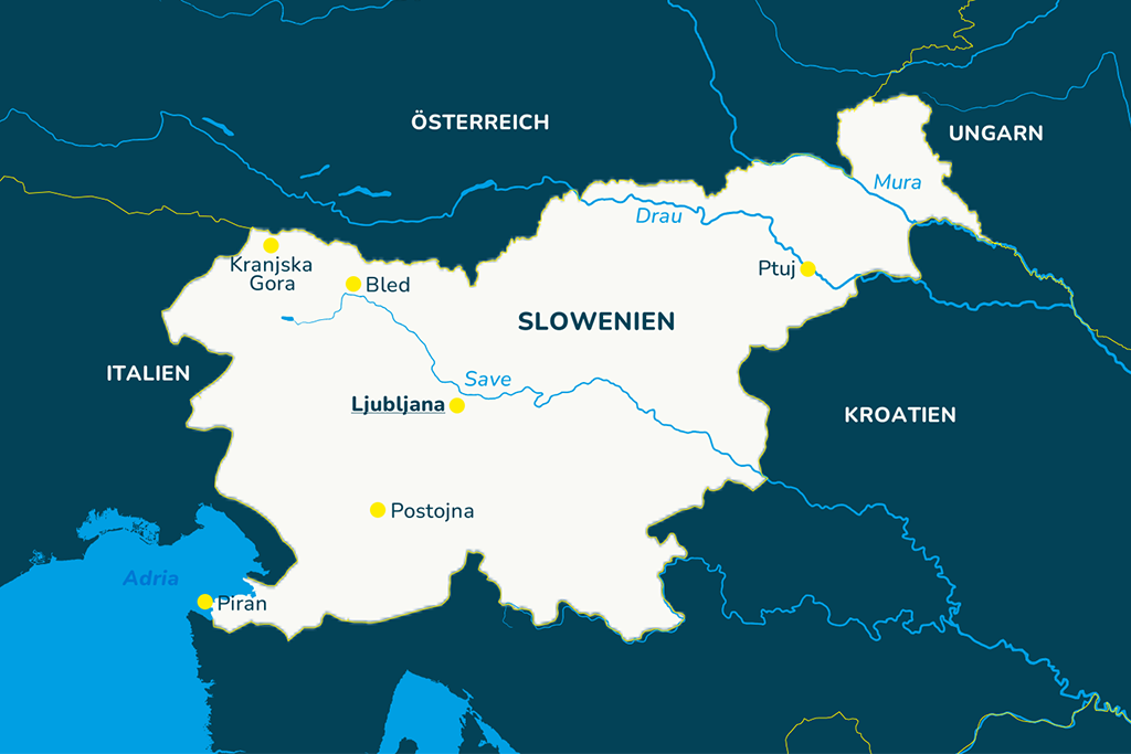 Die Landkarte von Slowenien mit bekannten Städten und den Nachbarländern.