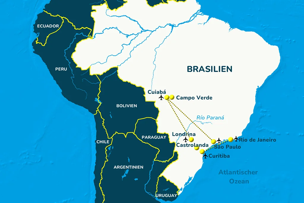 Die Landkarte von Brasilien mit den Reisezielen.