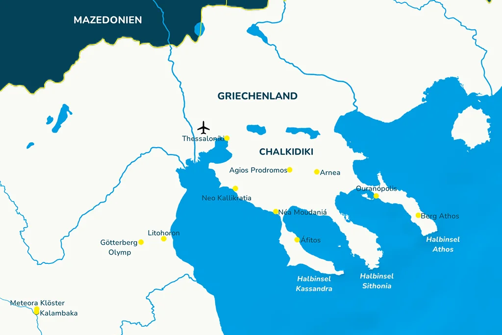 Die Landkarte von der Halbinsel Chalkidiki in Griechenland mit den Reisezielen.