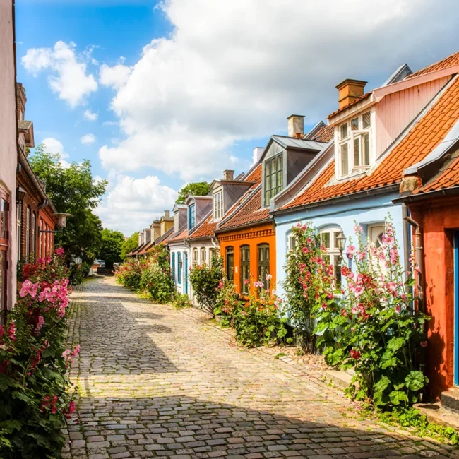 Eine schmale Gasse mit Kopfsteinpflaster in Aarhus, Dänemark mit kleinen bunten Häusern und Blumen.