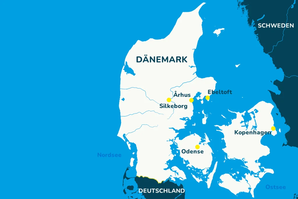 Die Landkarte von Dänemark mit den Reisezielen.