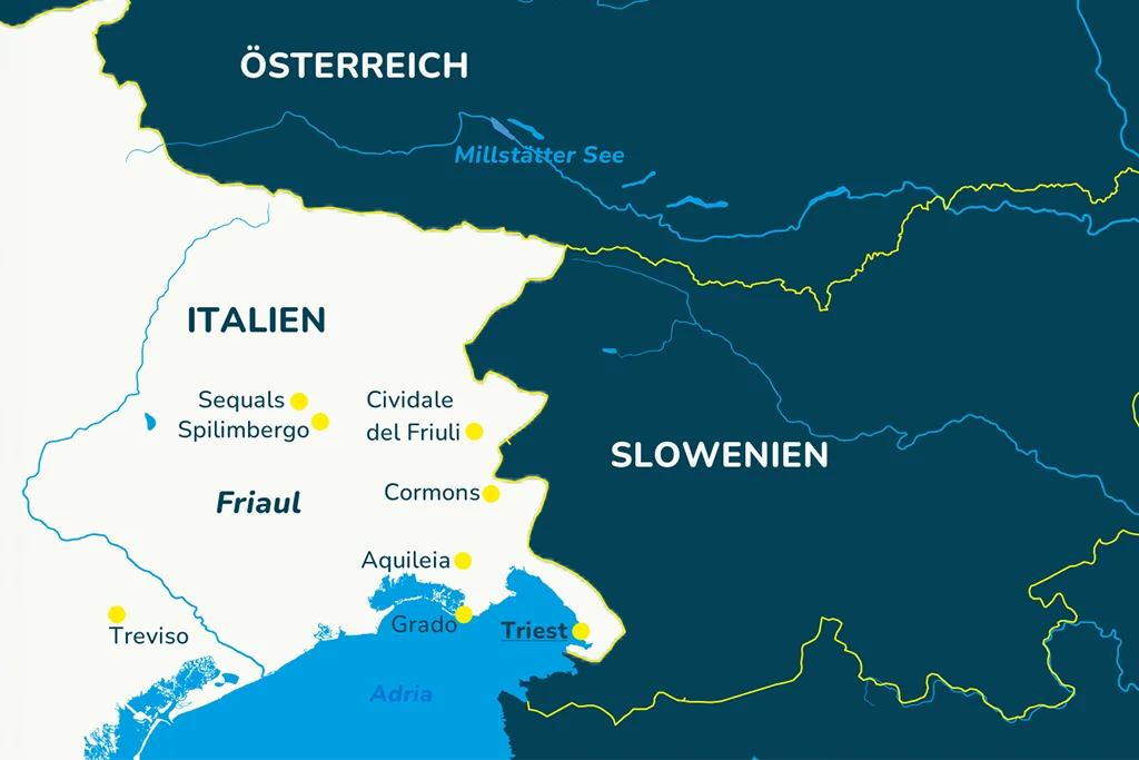 Die Landkarte der Region Friaul in Italien mit den Reisezielen.