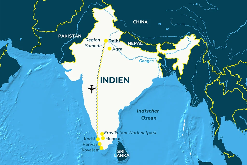 Die Landkarte von Indien mit den Reisezielen und der Reiseroute.