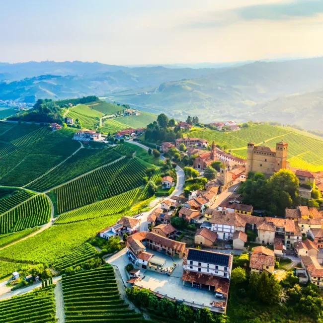 Das italienische Dorf Serralunga d'Alba im Piemont mit seiner markanten Burg auf einem Hügel, umgeben von weiten, grünen Weinbergen im Sonnenlicht.