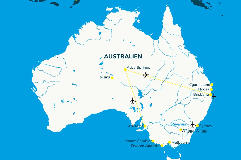 Landkarte mit Reiseroute der Australien Reise