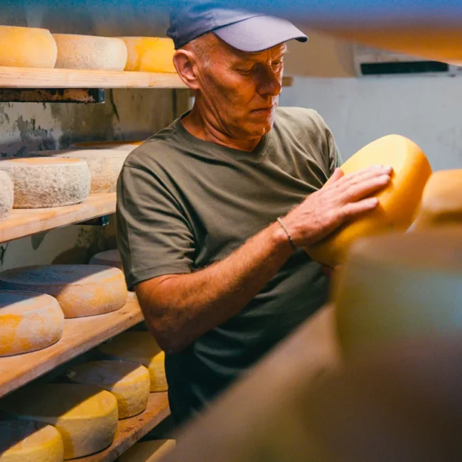 Traditionelle Käserei im Baltikum mit handgemachtem Käse auf Holzbrettern
