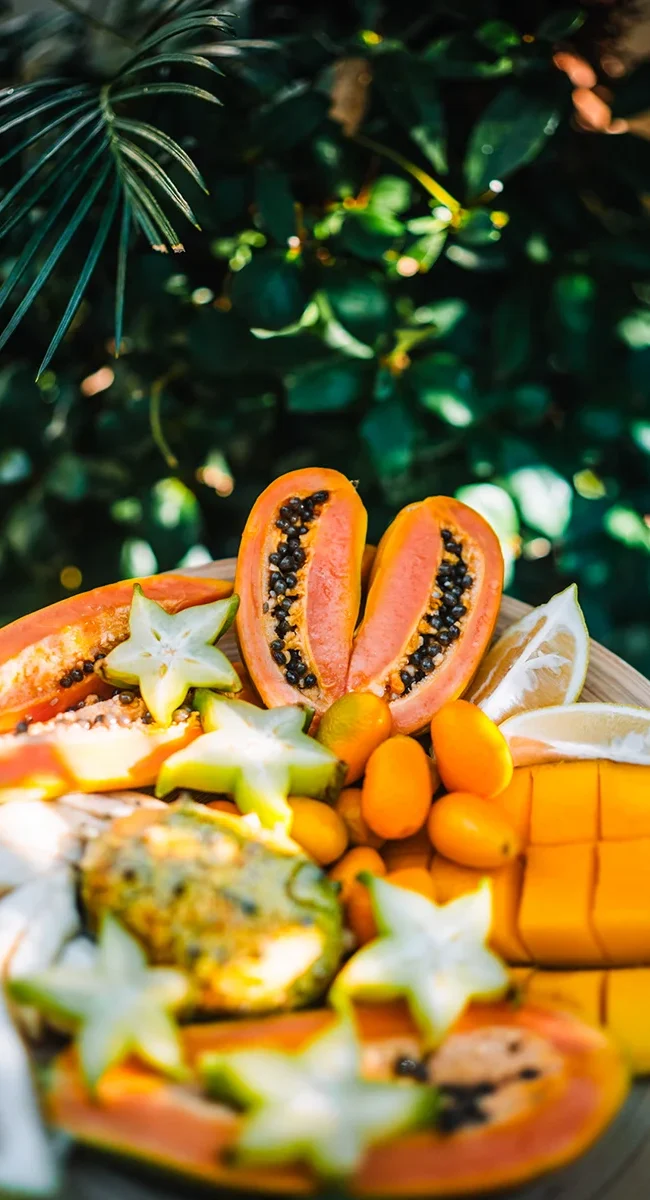 Ein Teller mit verschiedenen tropischen Früchten wie Sternfrucht, Mango und weiteren exotischen Früchten wird in Costa Rica serviert. Die bunten Fruchtstücke liegen frisch geschnitten auf dem Teller.