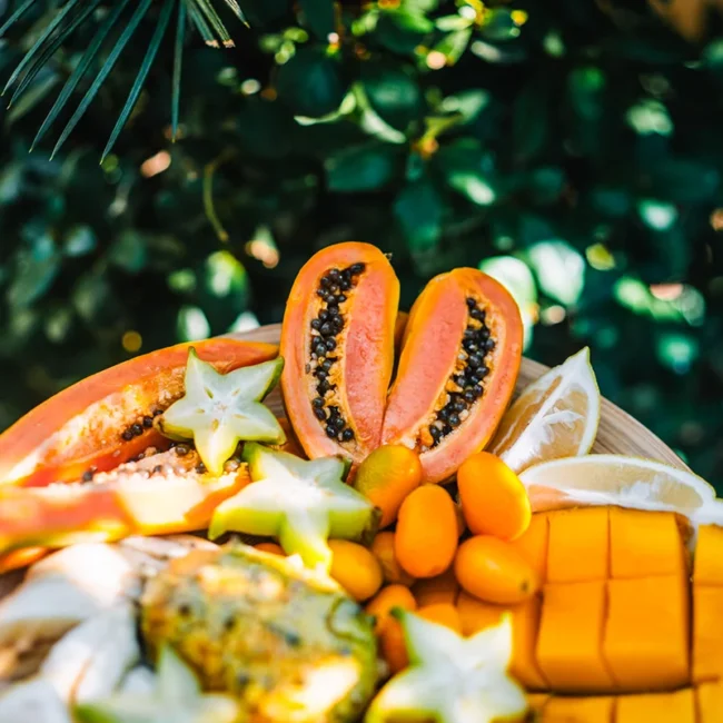 Ein Teller mit verschiedenen tropischen Früchten wie Sternfrucht, Mango und weiteren exotischen Früchten wird in Costa Rica serviert. Die bunten Fruchtstücke liegen frisch geschnitten auf dem Teller.