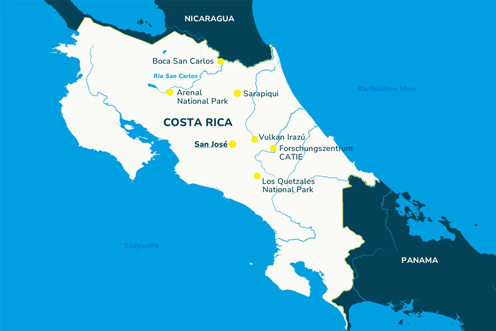 Landkarte mit Reiseroute zur Reise nach Costa Rica