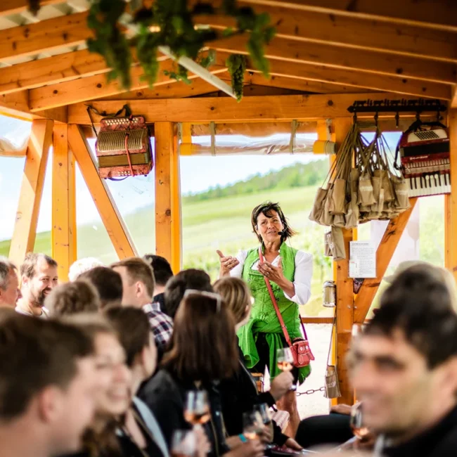 In einem gemütlichen, hölzernen Wagen moderiert eine Frau in grüner Tracht eine weinselige Gesellschaftsfahrt durch eine sonnige Weinberglandschaft in Hohenlohe.