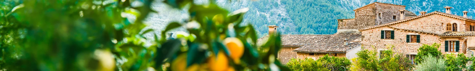 Panoramablick auf das Dorf Fornalutx auf Mallorca mit Steinhäusern zwischen den Bergen der Serra de Tramuntana.