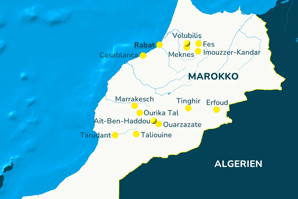 Landkarte mit Reiseroute zur Marokko Reise