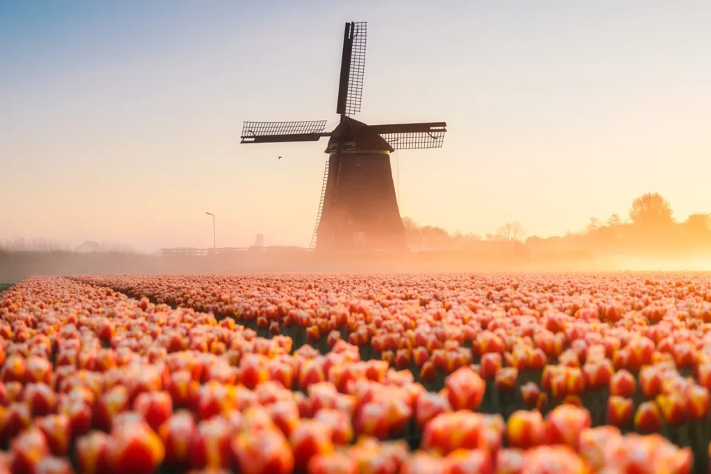 Ein Tulpenfeld mit rot-gelbe Tulpen liegt im warmen Licht der Golden Hour. Im Hintergrund steht eine Windmühle, während leichter Nebel über dem Feld liegt.
