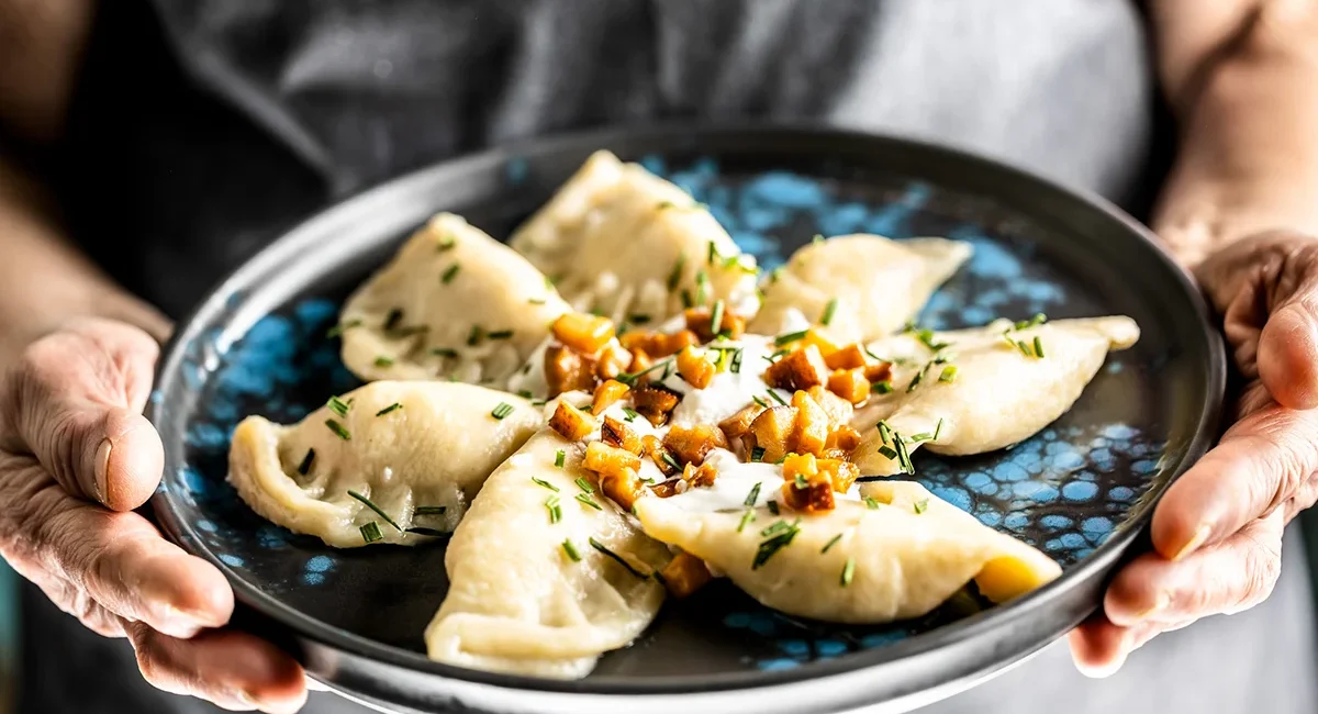 Ein Teller mit Pierogi, gefüllten Teigtaschen aus Polen. Die Pierogi sind angerichtet und mit Zwiebeln garniert.