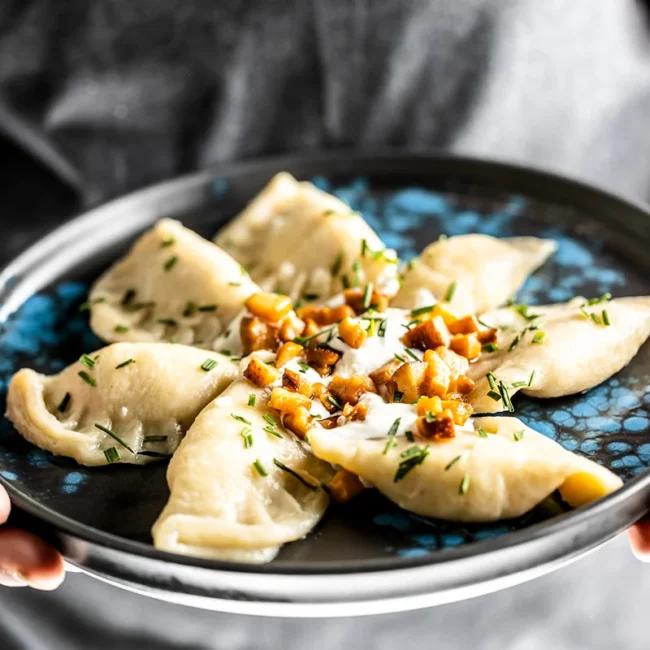 Ein Teller mit Pierogi, gefüllten Teigtaschen aus Polen. Die Pierogi sind angerichtet und mit Zwiebeln garniert.