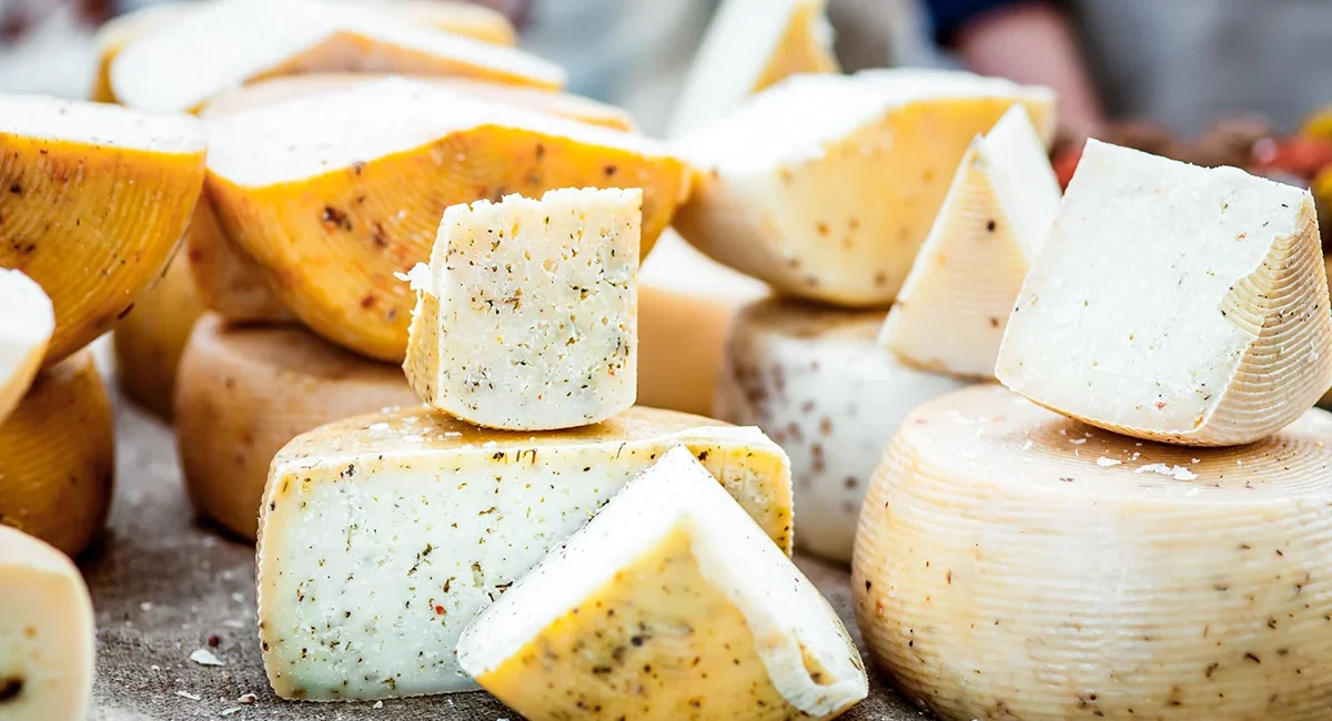 Aufgeschnittener Höhlenkäse aus Nordspanien liegt zur Kostprobe bereit.