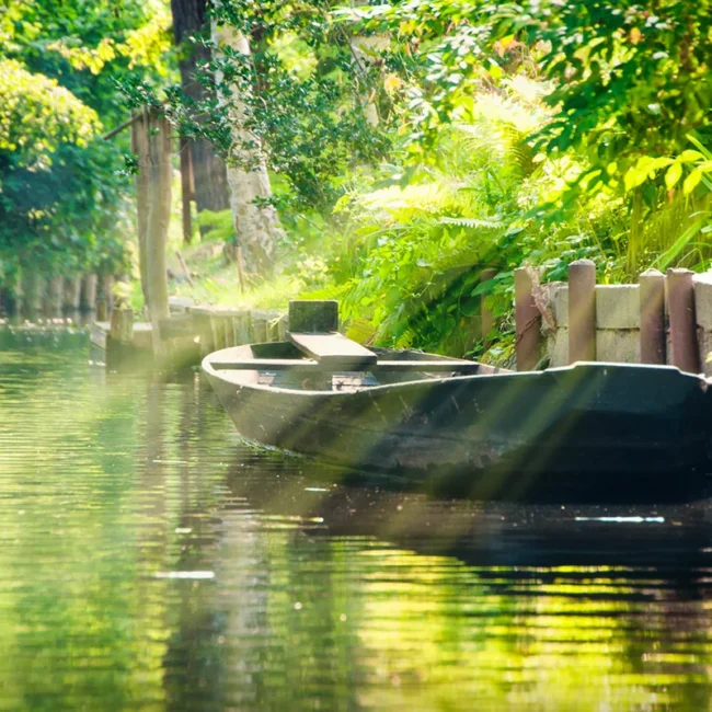 Spreewaldkahn auf einem Kanal, Sonnenlicht fällt durch die Bäume auf das Wasser